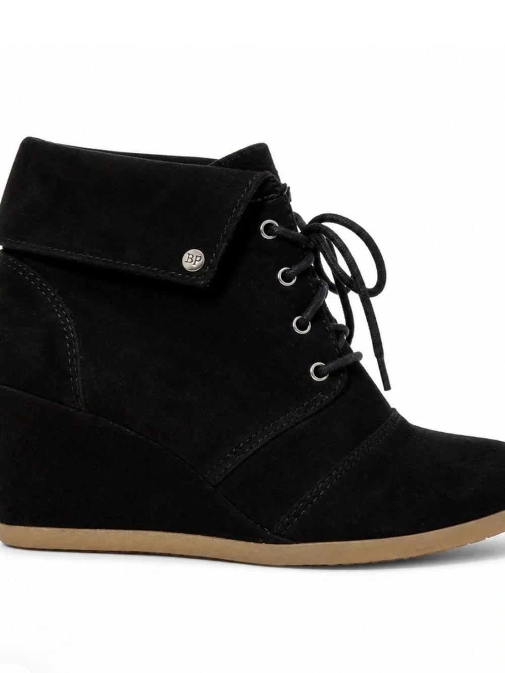 Black Lace-Up Wedge Ankle Boots suede fold over cuff easy to walk in SZ 7